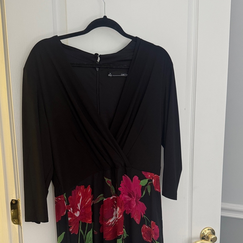 Chetta B Black Dress with Red Floral Design